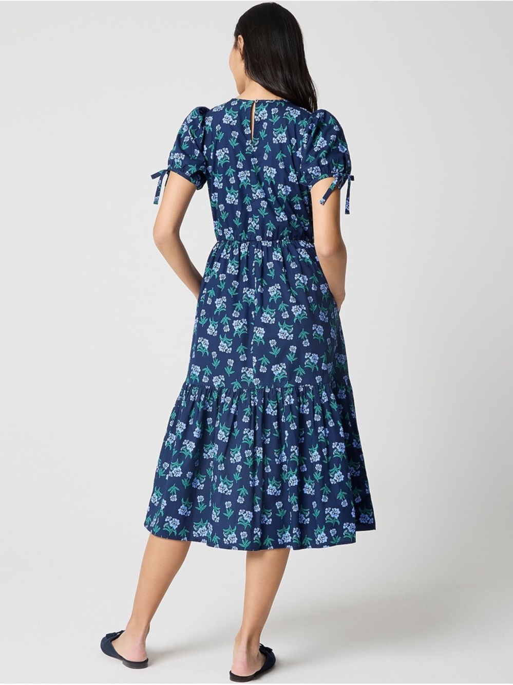 NWT J. Crew Navy Floral Cotton Tiered Midi Dress with Tie Sleeves Sz 8 Wedding - Picture 2 of 11